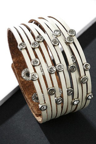 Multi-Strand -Punk Style Leather Cuff Bracelet With Crystal Accents