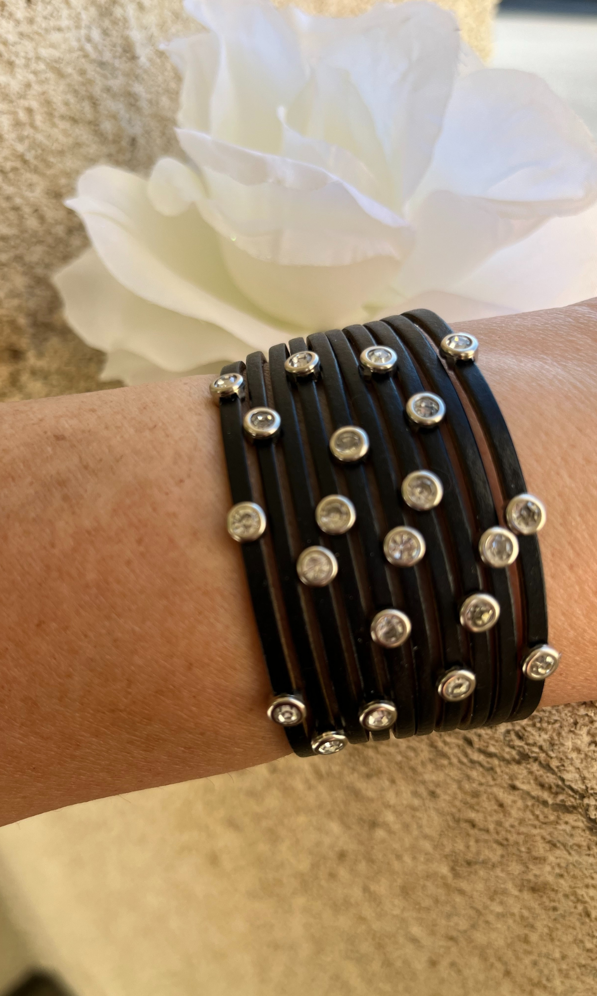 Multi-Strand -Punk Style Leather Cuff Bracelet With Crystal Accents