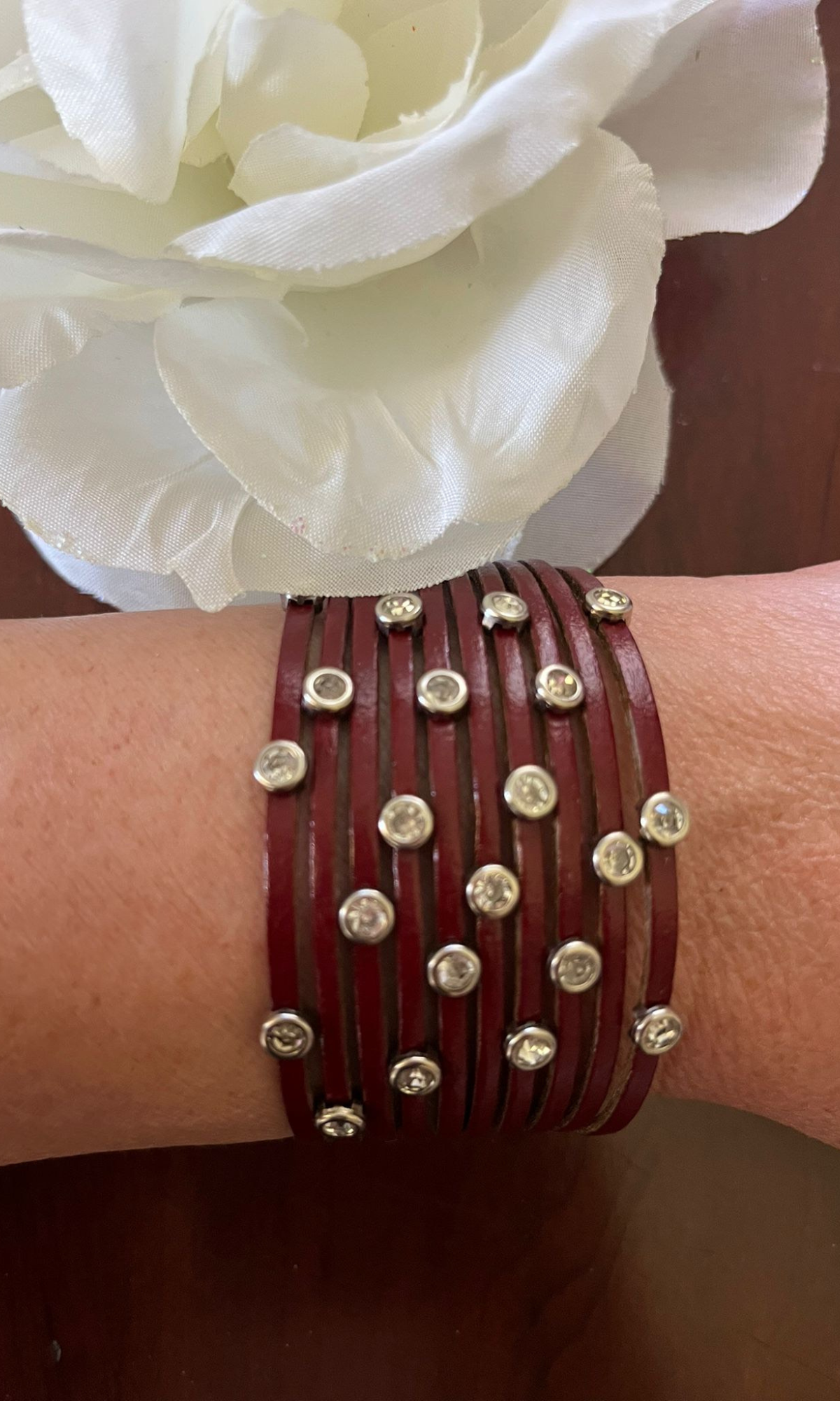 Multi-Strand -Punk Style Leather Cuff Bracelet With Crystal Accents