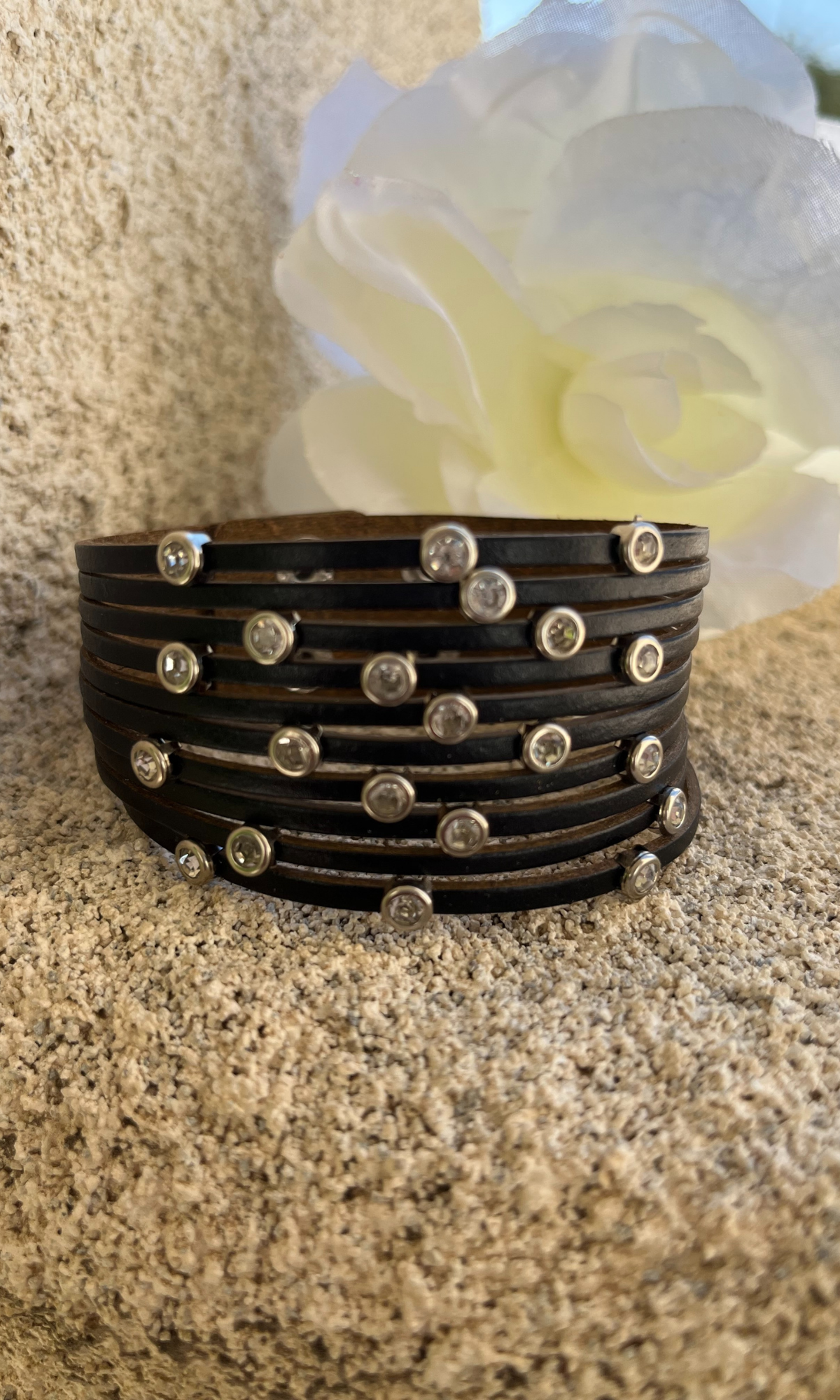 Multi-Strand -Punk Style Leather Cuff Bracelet With Crystal Accents